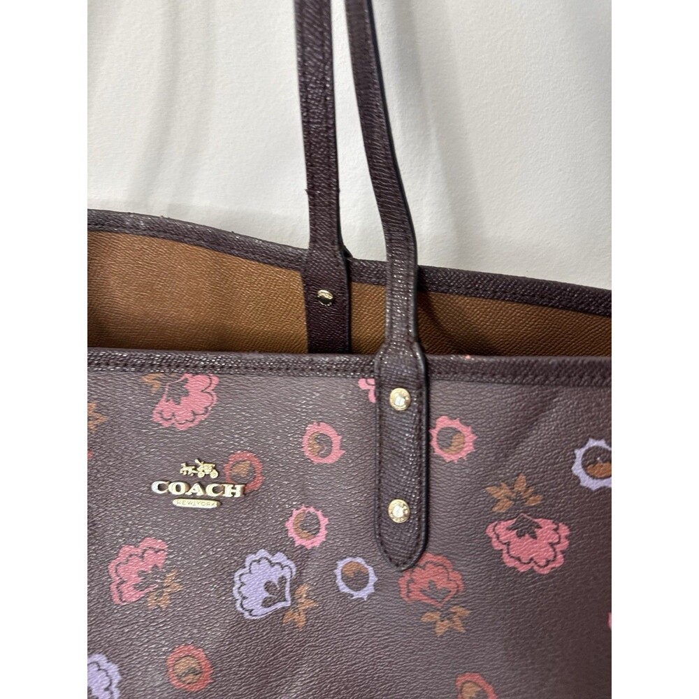 ✿ Coach Floral Print Tote Bag Brown Leather Large Shoulder Bag Shopper